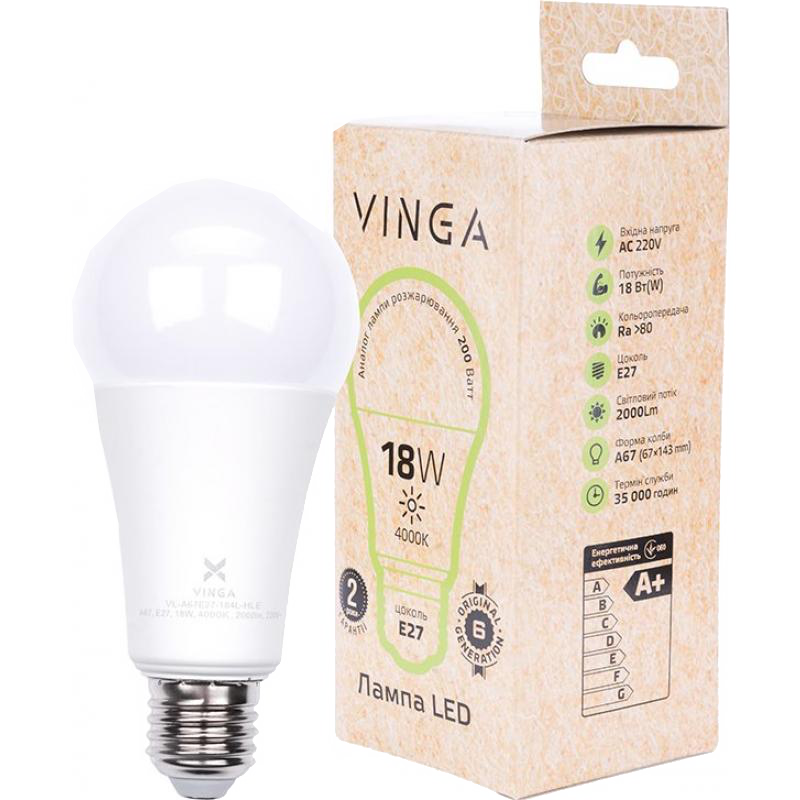 Лампа світлодіодна Vinga A67, 18Вт, E27, 4000К (VL-A67E27-184L-HLE)